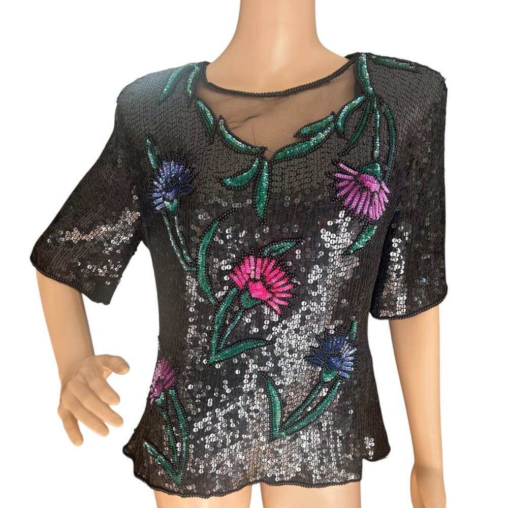 Stenay Vintage Black Silk Beaded Sequin Floral Top Mesh Neck Size S
